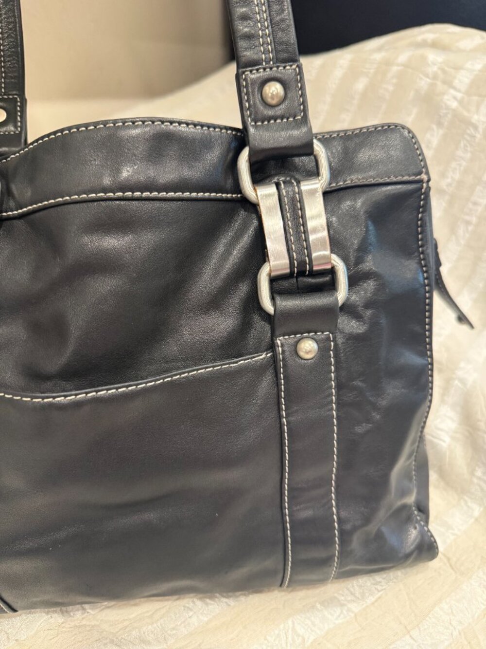 Perlina New York Black Genuine Leather Y2K Shoulder Bag Tote Hardware - Picture 6 of 17